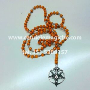 collana rosario con palline arancioni e ciondolo di baphomet