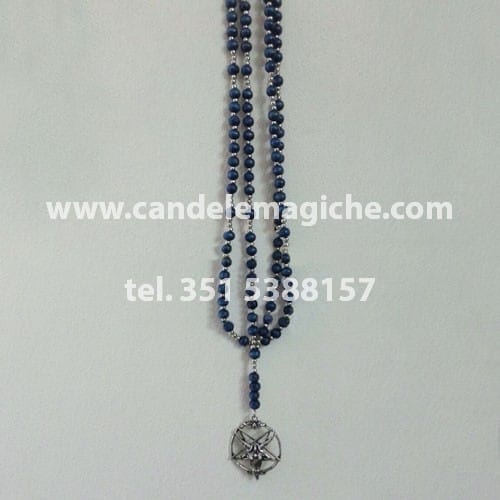 collana rosario con palline blu e ciondolo di baphomet
