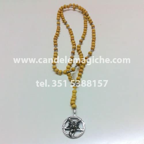 collana rosario con perle gialle e ciondolo di baphomet