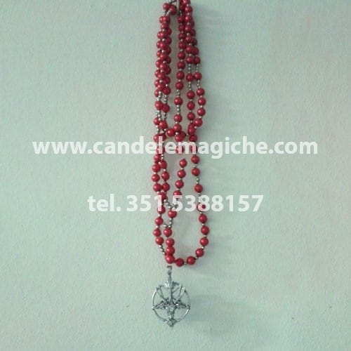 collana rosario con perle rosse e ciondolo di baphomet