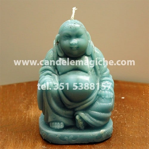 candela a forma di buddha in cera celeste